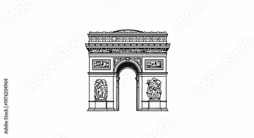 A stylized line drawing of a grand archway with intricate carvings and sculptures