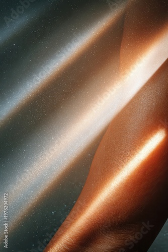 Close-up of glowing skin with diagonal light beams and shimmering texture for beauty concept