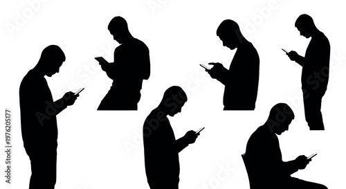 Silhouettes of people using smartphones in various poses
