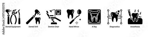 Dental Tools web banner icon vector illustration with icons of Dental Equipment,Dental Drill,Dentist Chair,Hand Mirror,X Ray,Diagnostics and Anesthesia