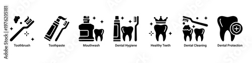 Oral Hygiene web banner icon vector illustration with icons of Toothbrush,Toothpaste,Mouthwash,Dental Hygiene,Healthy Teeth,Dental Cleaning and Dental Protection