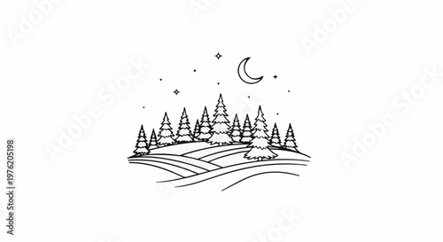 A stylized, line-art depiction of a winter night with rolling hills and evergreen trees