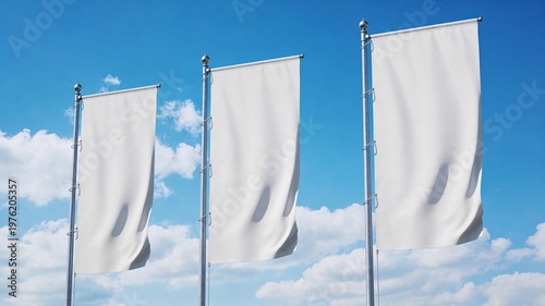Three Blank Vertical Flag Banners on Tall Poles with Blue Sky Mockup