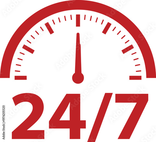 Vector graphic illustration of a speedometer with 24/7 text, symbolizing round-the-clock service and urgency