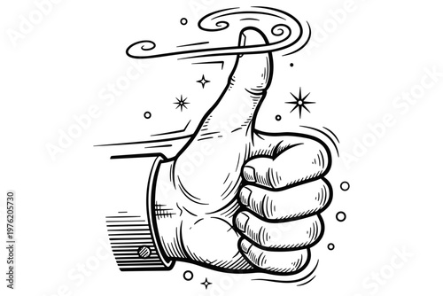 Hand making a thumbs up gesture, symbolizing success, approval, and encouragement, with dynamic swirling lines around the thumb and small starbursts indicating energy and good vibes