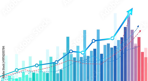 Abstract financial bar chart with growing trend arrow and data points on white background