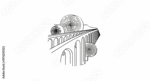 Abstract black and white illustration of an aqueduct with spiral hay bales