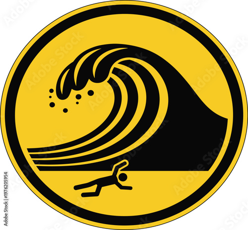 Circular tsunami warning sign illustration, large wave danger symbol, ocean hazard artwork, coastal safety design, public beach caution concept, marine alert