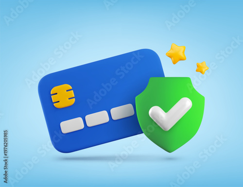 Vector cartoon 3d secure credit card banner. 3d render credit card with green shield and checkmark. Online payment protection concept. Safe transaction or money transfer, banking safety illustration.