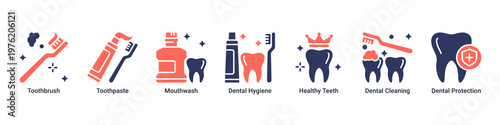 Oral Hygiene web banner icon vector illustration with icons of Toothbrush,Toothpaste,Mouthwash,Dental Hygiene,Healthy Teeth,Dental Cleaning and Dental Protection