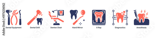 Dental Tools web banner icon vector illustration with icons of Dental Equipment,Dental Drill,Dentist Chair,Hand Mirror,X Ray,Diagnostics and Anesthesia