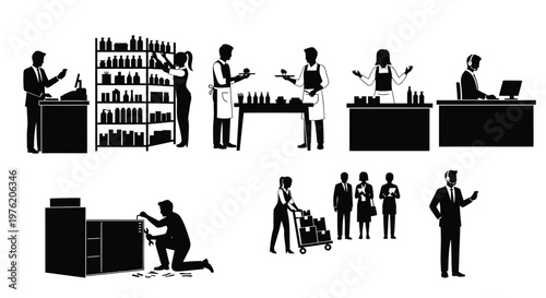 Black silhouette icons of wine cellar workers, wine tasting, and business professionals