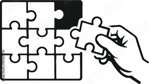 Hand placing final puzzle piece completing jigsaw puzzle solution teamwork concept vector illustration