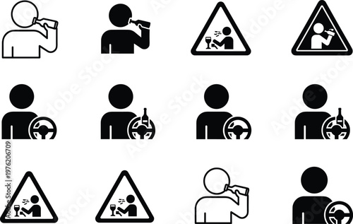 Drinking and driving icons, alcohol danger symbols, warning sign illustration, safety awareness graphic, prevention artwork, road hazard design, caution silhouette