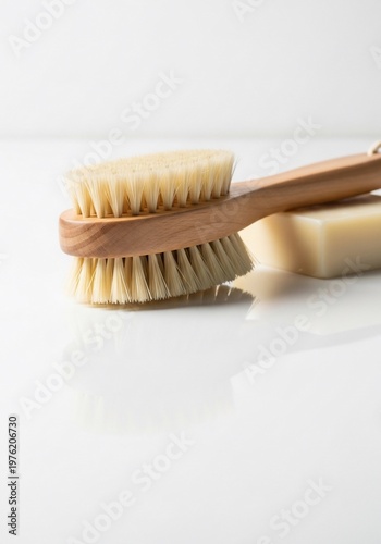Natural bristle bath brush and soap bar on reflective surface.