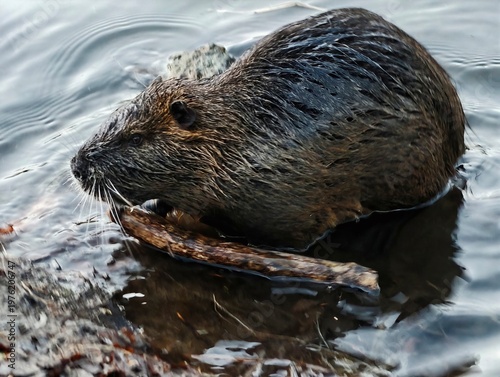 Photography Wet furred animal in shallow stream gnawing on stick while reflecting ripples an