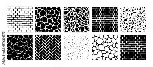 Abstract stone seamless patten set. Vector cobblestone mosaic shapes, brick wall, terrazzo, paving stones black white textured background. Rubble stone print collection Geometric gravel tile texture.