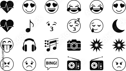 Emoticon symbol icons, digital communication graphics, emotion face illustration, music and camera design, user interface artwork, modern messaging elements