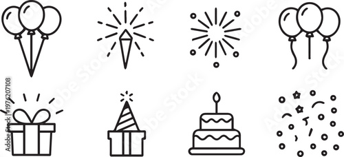 Birthday party elements balloons gift box party hat cake fireworks confetti