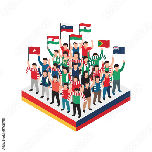 Diverse people holding country flags together.