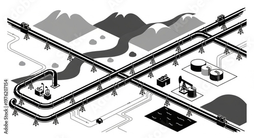 Isometric Illustration of Oil and Gas Pipeline Infrastructure.