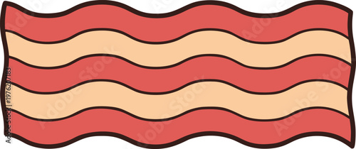 Wavy Bacon Strip Illustration – Cartoon Breakfast Meat Icon, Crispy Pork Slice Flat Vector