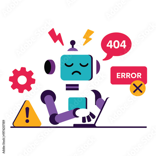 AI Robot Working on Laptop with Error Warning Screen, and System Failure Concept