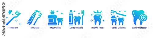 Oral Hygiene web banner icon vector illustration with icons of Toothbrush,Toothpaste,Mouthwash,Dental Hygiene,Healthy Teeth,Dental Cleaning and Dental Protection