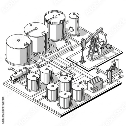 Isometric Illustration of Industrial Plant with Tanks and Piping System.