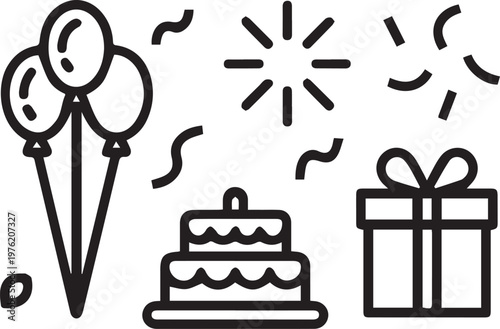Celebration party elements with balloons tiered cake and gift box outline vector set