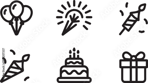 Festive birthday icons including firework rocket candles and party popper vector art