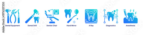 Dental Tools web banner icon vector illustration with icons of Dental Equipment,Dental Drill,Dentist Chair,Hand Mirror,X Ray,Diagnostics and Anesthesia