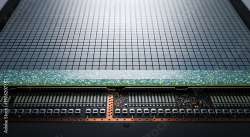 Close-up of electronic circuit board, microchip details, industrial technology, glowing orange connection