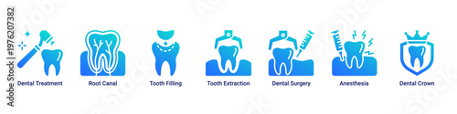 Treatment Plan web banner icon vector illustration with icons of Dental Treatment,Root Canal,Tooth Filling,Tooth Extraction,Dental Surgery,Anesthesia and Dental Crown