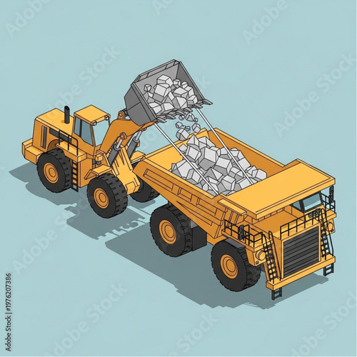 Isometric Loader Filling Dump Truck with Rocks, Pixel Art Style.