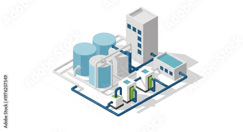 Isometric industrial plant with storage tanks and pipelines.