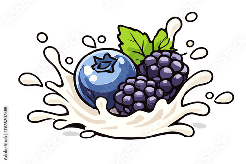 Glossy vector icon of a blueberry and blackberry landing in a creamy milk splash. Fresh berry mix for yogurt, smoothie, and healthy dessert themes on transparent background.