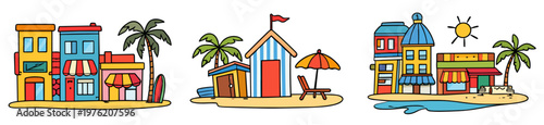Three colorful seaside town scenes with promenade buildings, beach hut and resort storefronts. Travel, vacation and coastal lifestyle icon set isolated on transparent background.