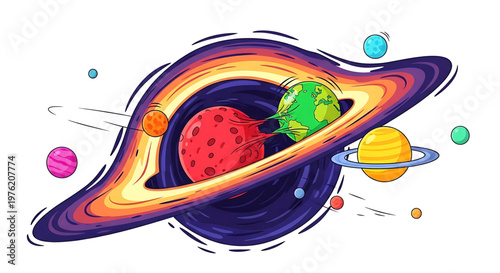 A colorful vector illustration of a planet with rings and multiple planets in space