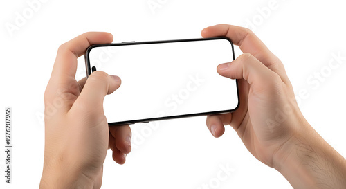 Close up of human hands holding a smartphone horizontally with a blank white screen mockup against a plain white background