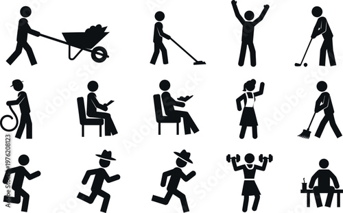 A collection of black silhouette icons depicting people performing various daily activities