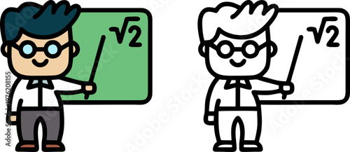 Professional mathematics teacher explaining square root on chalkboard