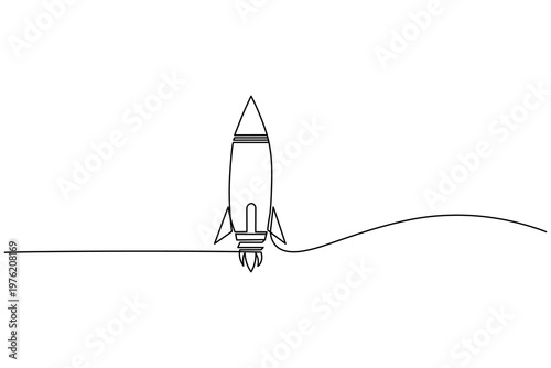 Rocket launch continuous one line drawing in minimalist style isolated on white background