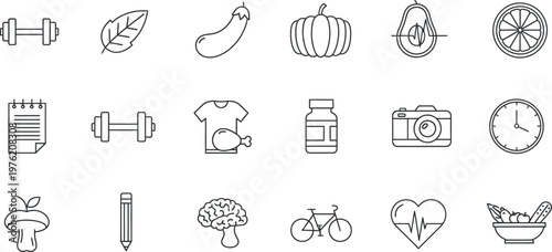 A black and white image with 16 icons representing various aspects of health and fitness including exercise, nutrition, and wellness