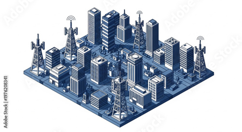 Isometric Miniature Urban City Block Model Featuring Multiple Skyscrapers.