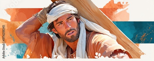 Watercolor painting of Jesus carrying the cross, dramatic portrait of faith, sacrifice and redemption