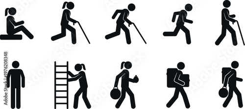 A collection of black stick figures on a white background showing people engaging in different actions such as sitting exercising running walking with a cane climbing a ladder carrying weights and a b