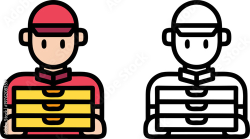 Fast food pizza delivery man carrying stack of boxes