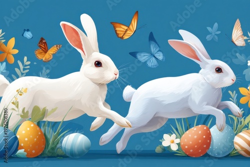 Playful white rabbits running among Easter eggs and butterflies in a bright spring meadow