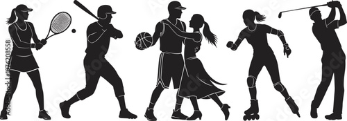 Flat vector illustration of black silhouette man and woman playing sports icons set, tennis baseball basketball rollerblading golf activity symbols